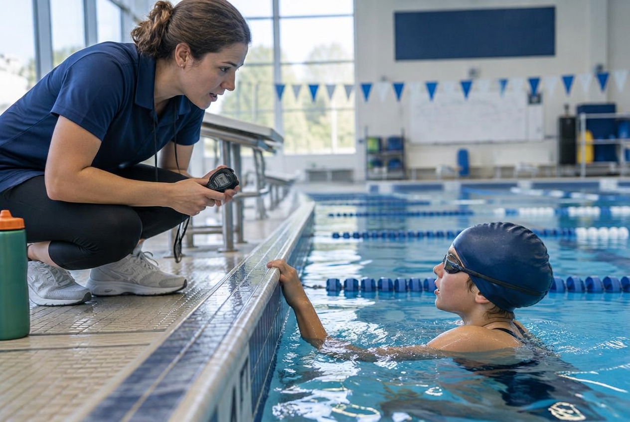 Coach with a stopwatch guiding a swimmer